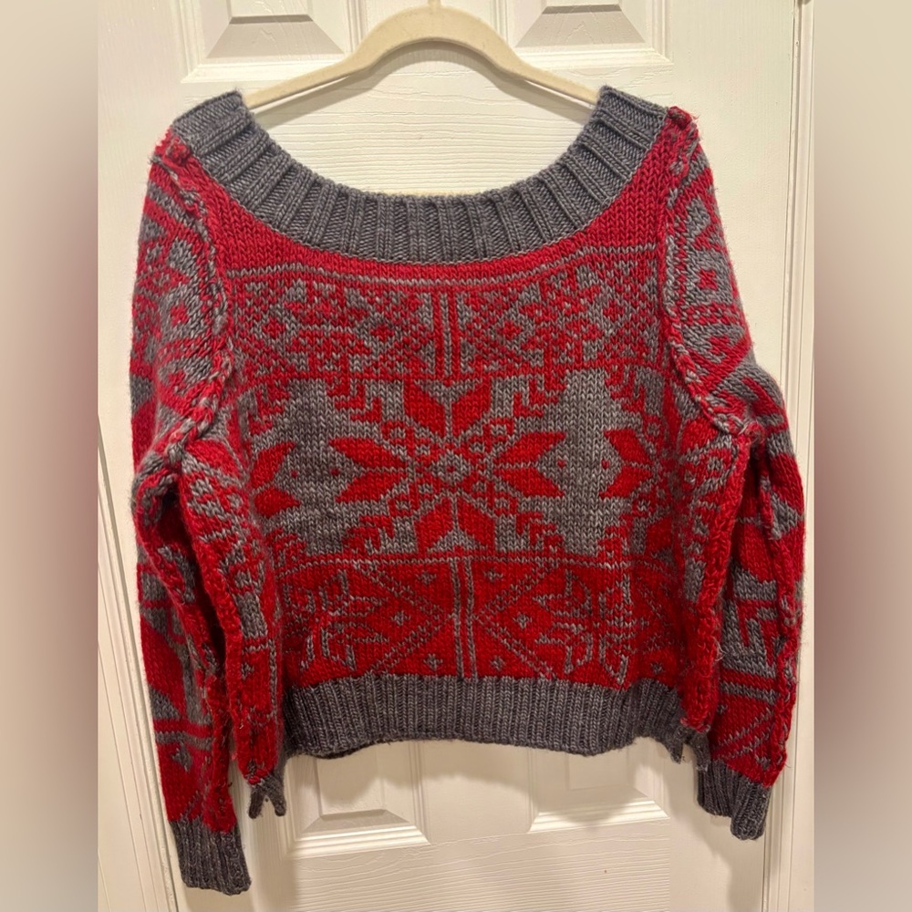 Free People Red and Gray Nordic Snowflake Chunky Sweater M - Picture 2 of 4